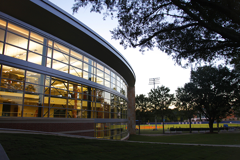 the campus recreation building at night