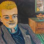 Painting of a male with a cabinet and bowl of fruit behind him.