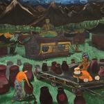 Painting of a village scene of women making clay pots