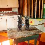 Small spiky metal sculptures on kitchen table inside Pasaquan