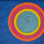 Concentric circle painting with wave pattern center in blue, orange, pink, and yellow