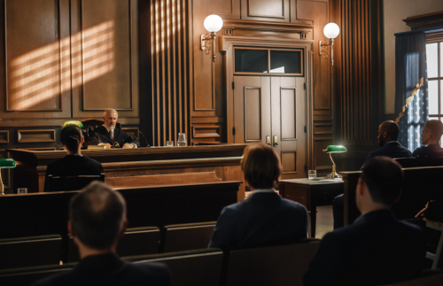 A courtroom with a judge, lawyers and viewers