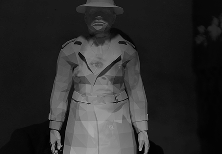 a video installation of a man wearing a trenchcoat superimposed on another photo of a man