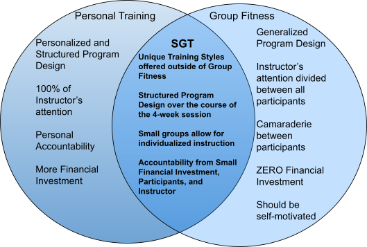 Venn diagram of Personal Training (left), Group FItness (right), and SGT (overlap)