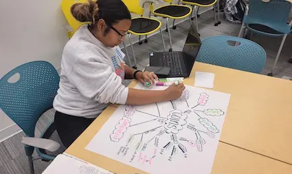 a woman drawing on a poster board