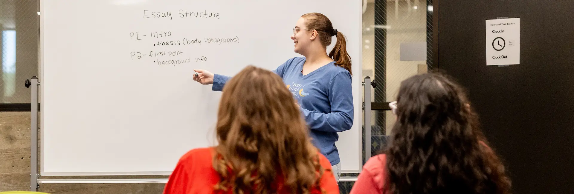 a female teaching at a white board