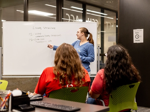 A tutor teaching other students how to properly structure an essay.