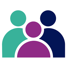 logo of three silhouetted people, one green, one purple, one blue