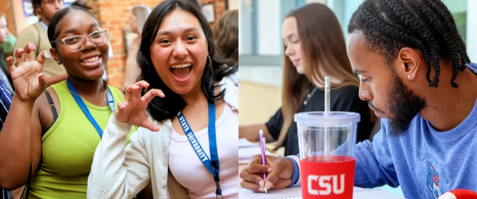 CSU students laughing together at a campus event and a student in a CSU shirt studying with classmates