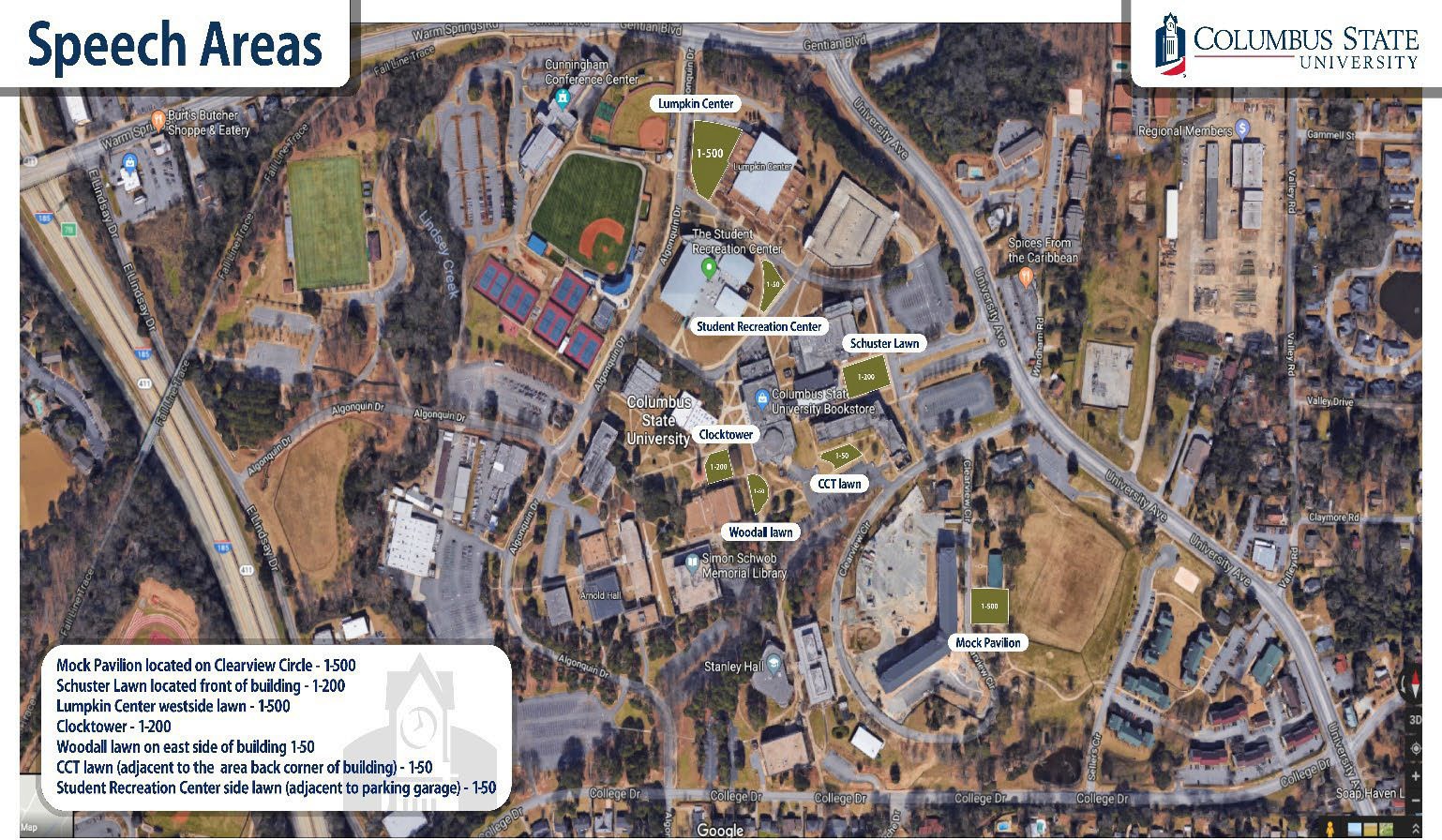 Main Campus Map of Designated areas for freedom of expression
