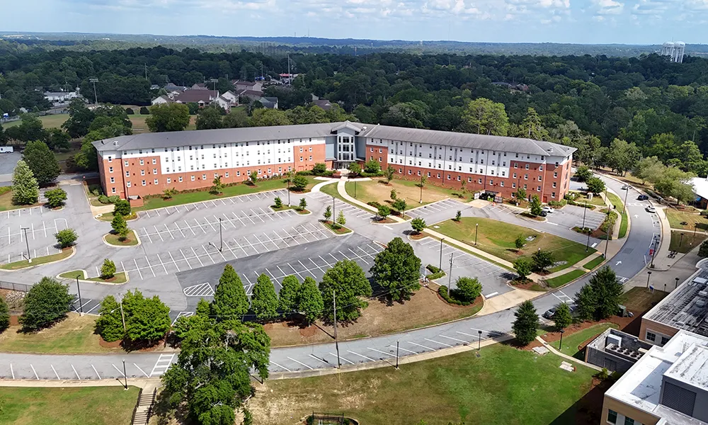 Aerial shot of Clearview Hall and the parking lot