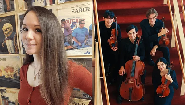 Ashton Johnson smiling beside the four members of the Argo String Quartet posed with their instruments on a red staircase.
