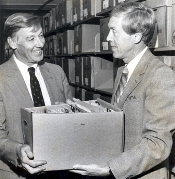 President Francis Brooke, left, welcomes the donation of papers from former U.S. Rep. Jack Brinkley in May 1983
