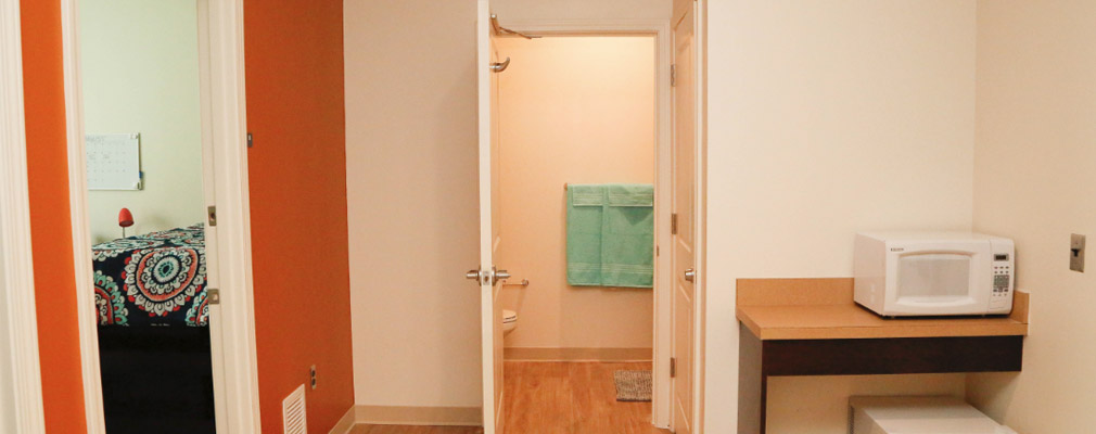 dorm bedroom and bathroom