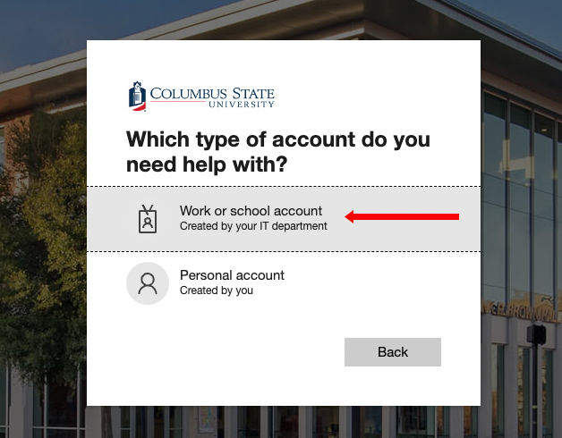 screenshot of login screen with arrow pointing to "Work or school account"