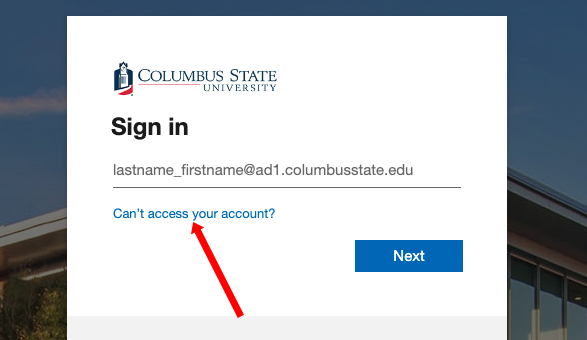 screenshot of sign in page with arrow pointing at "Can't access your account?"