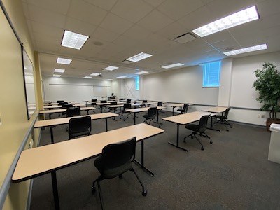 Classroom, long desks, chairs