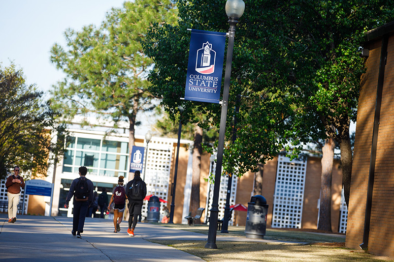 several students walking on a pathway between buildings